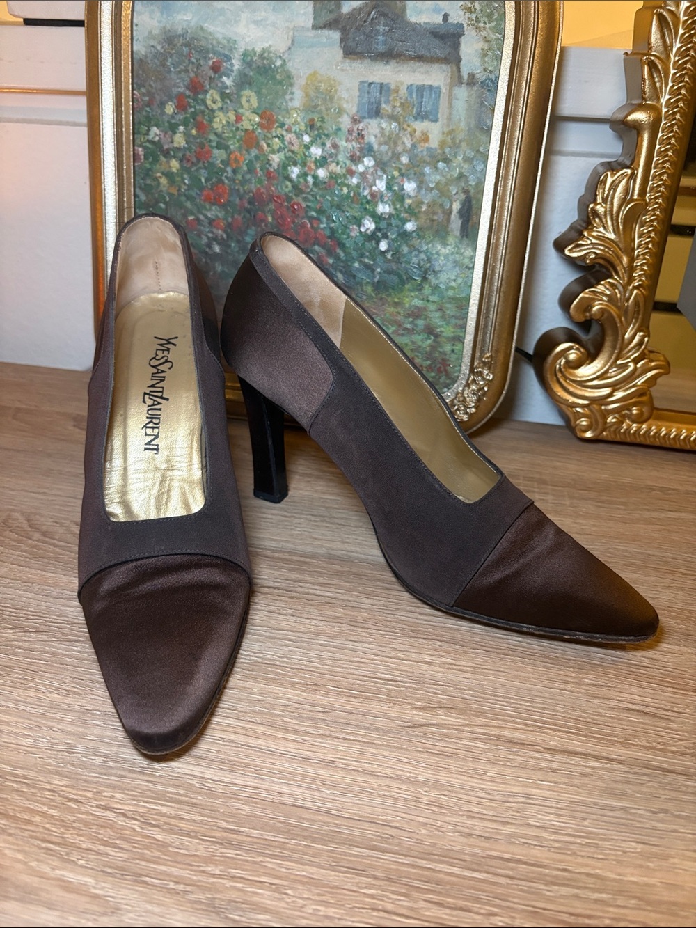 Vintage Yves Saint Laurent Chocolate Brown Satin and Leather Pointed Pumps